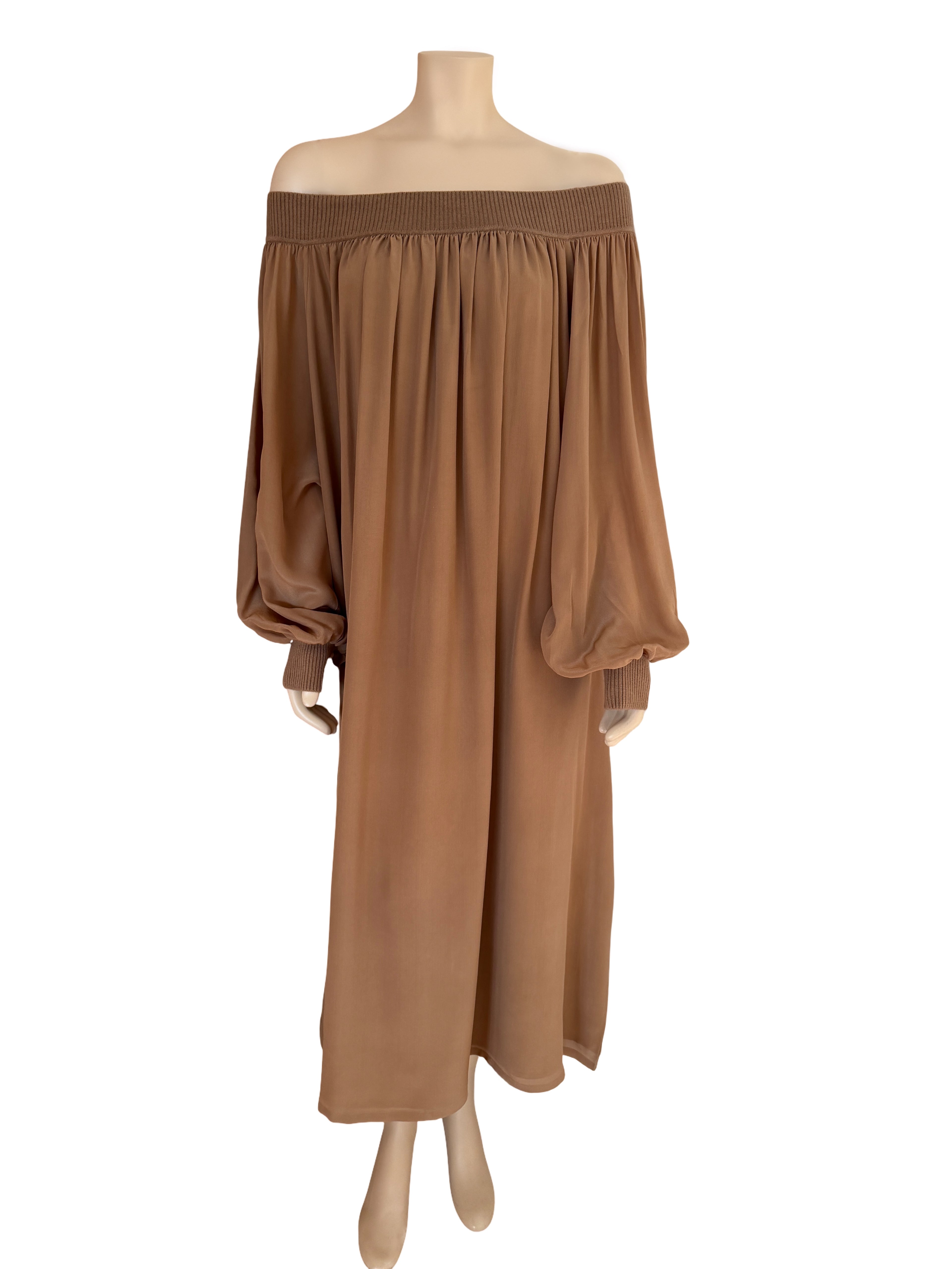 camel silk dress Women's camel printed silk long dress