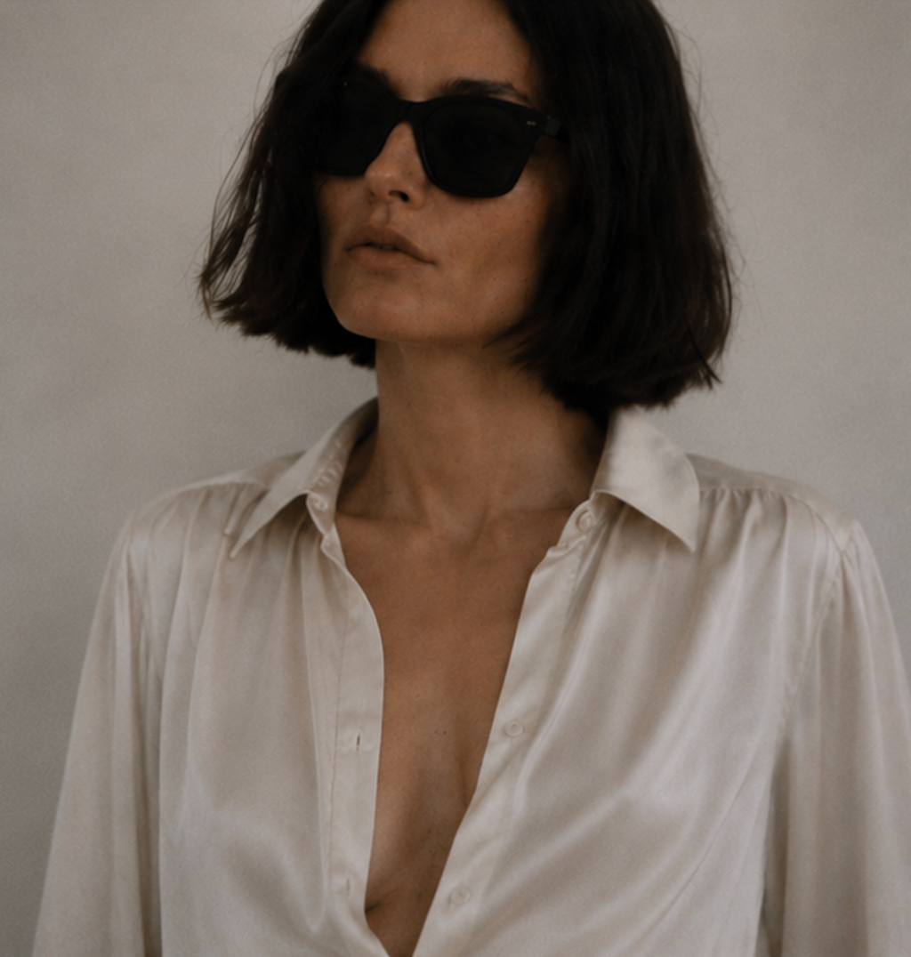 Silk satin charmeuse puffed sleeve blouse in winter white