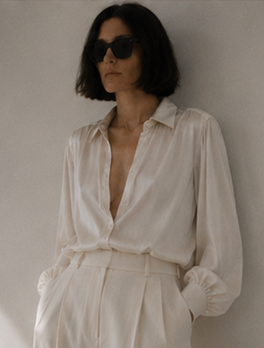 Silk satin charmeuse puffed sleeve blouse in winter white
