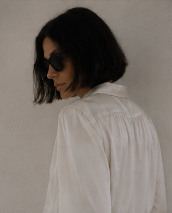Silk satin charmeuse puffed sleeve blouse in winter white