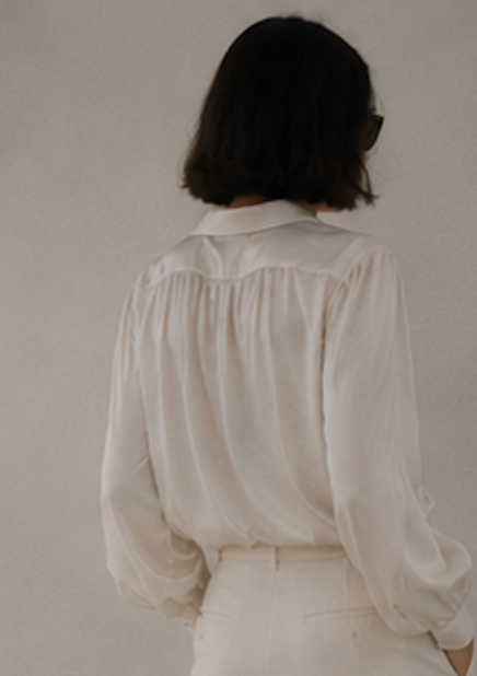 Silk satin charmeuse puffed sleeve blouse in winter white