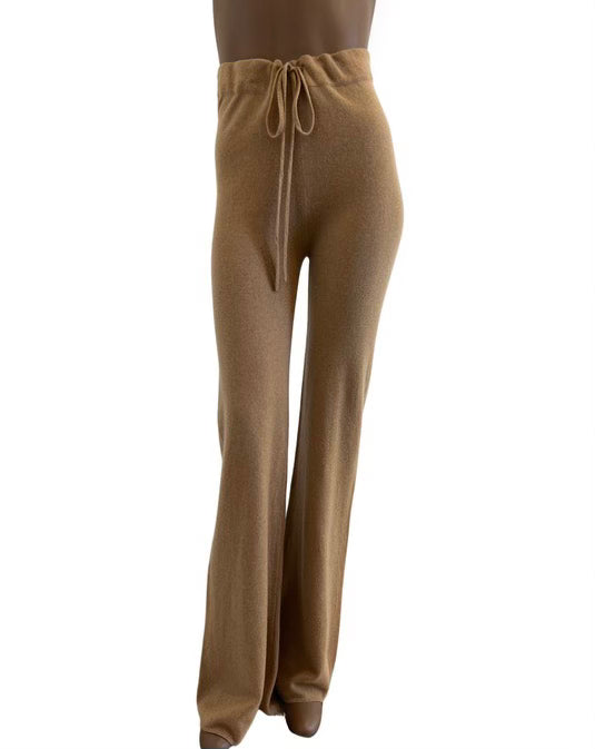 Recycled Cashmere high waisted, wide leg knit pant in camel