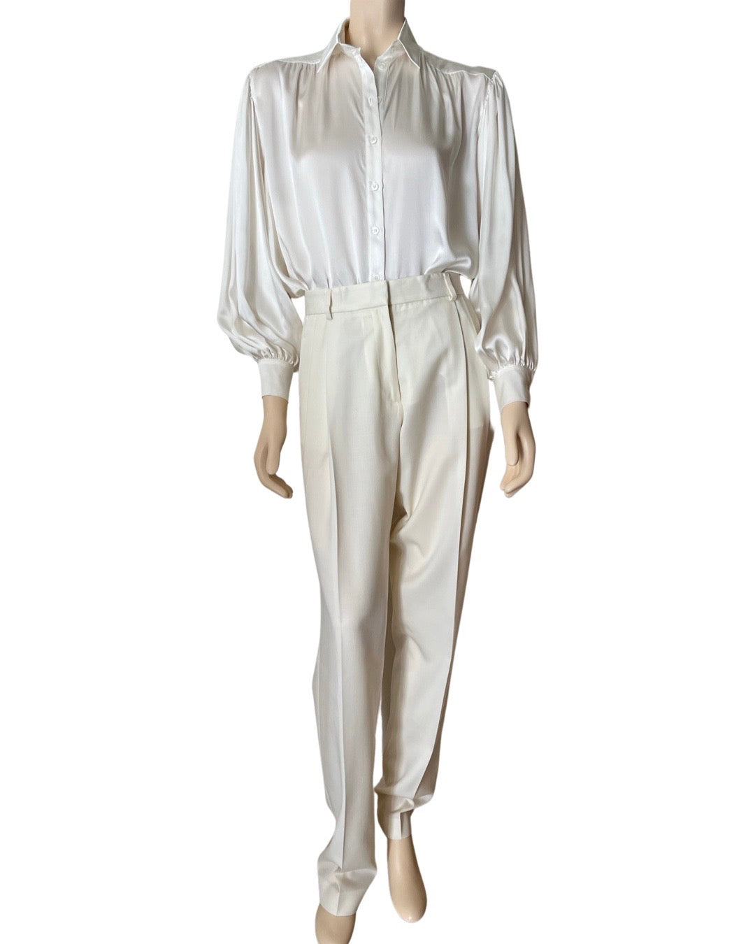 Silk satin charmeuse puffed sleeve blouse in winter white