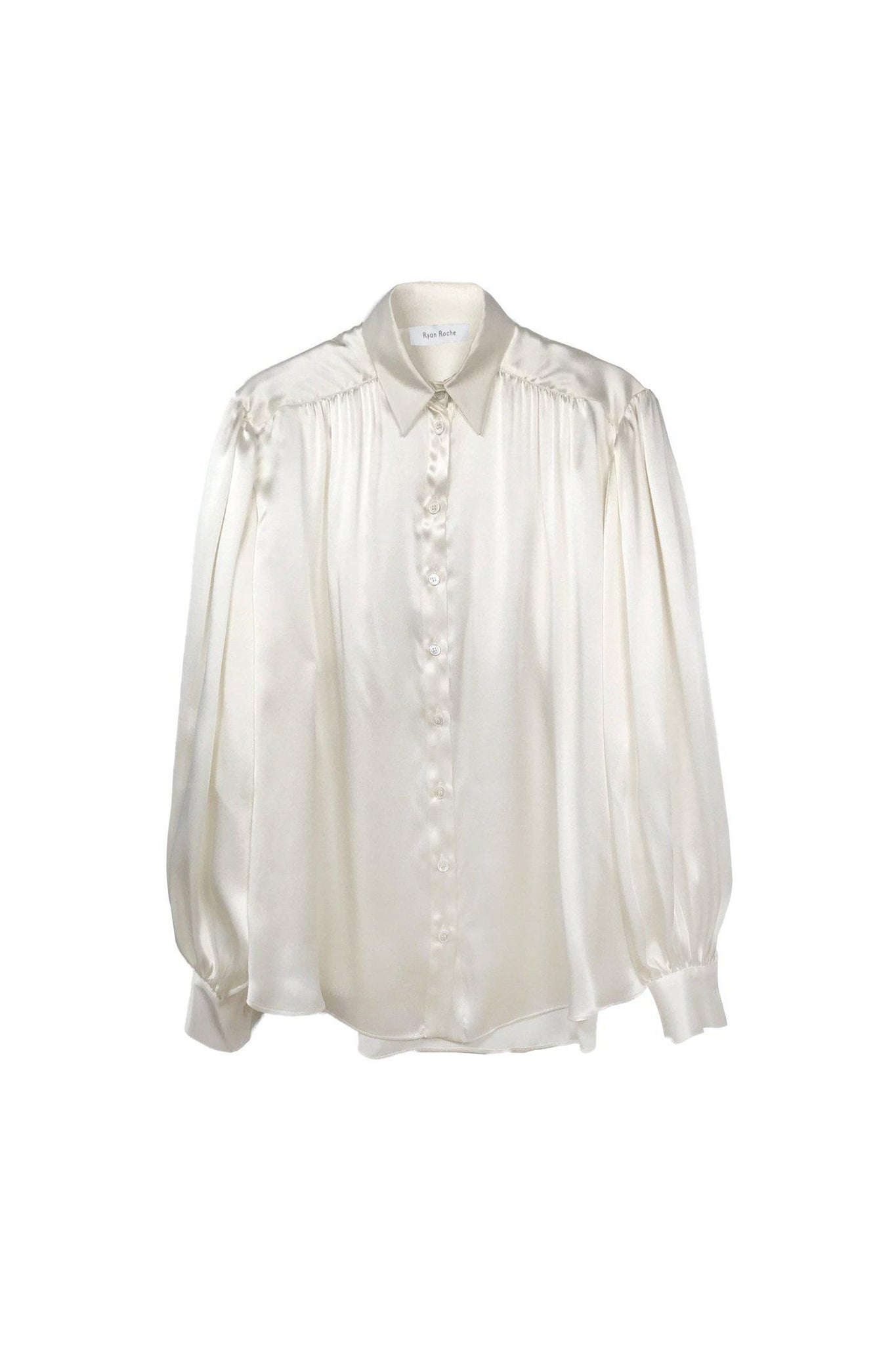 RYAN ROCHE Silk satin charmeuse puffed sleeve blouse in winter white